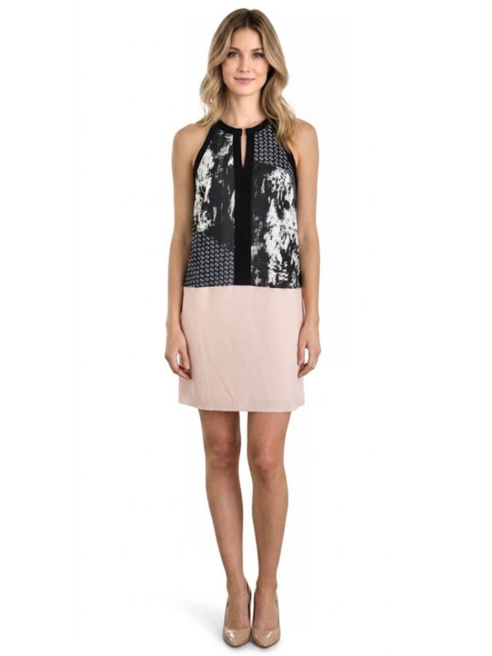 Adelyn Rae Mixed Media Sleeveless Sheath Dress Navy/Peach Women's Size S